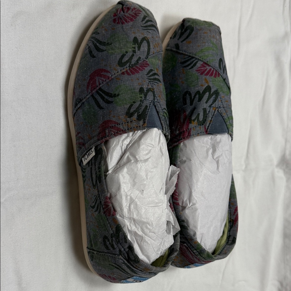 TOMS Gray and Pink Patterned Slip-Ons navy blue magenta, lime, green gray